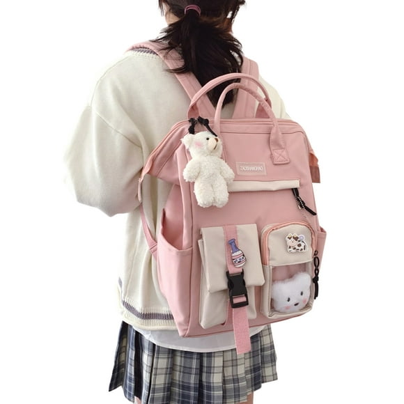 Back to School Off to College Supplies Laptop Shoulders Bag Kawaii Canvas School Backpack with Pendant 
